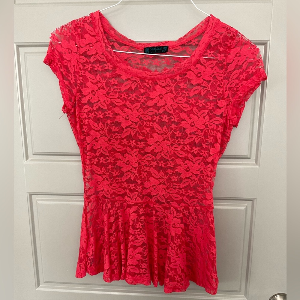 Bright Coral Lace Peplum Top